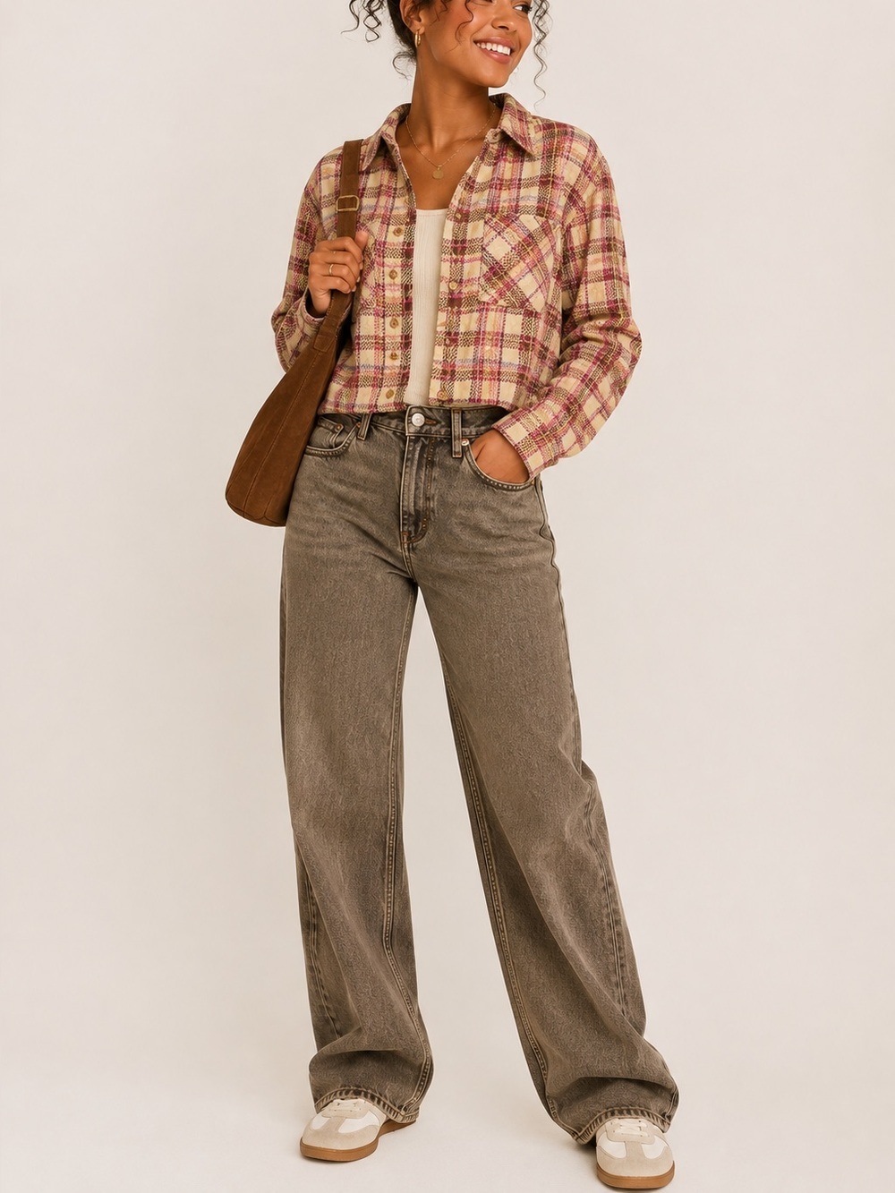 Altar'd State Light Yellow, Pink and Burgundy Plaid Cropped Button-Down